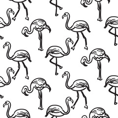 Naklejka premium Flamingo black outline sketch seamless vector texture. Black and white aloha bird hand drawn surface pattern.