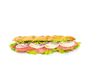 long sandwich with salmon and cheese on white background 3