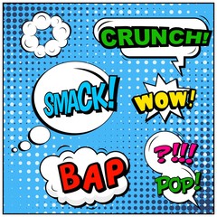 Abstract creative concept vector comic pop art style blank, layout template with clouds beams and isolated dots background. For sale banner, empty speech bubble set, illustration halftone book design.