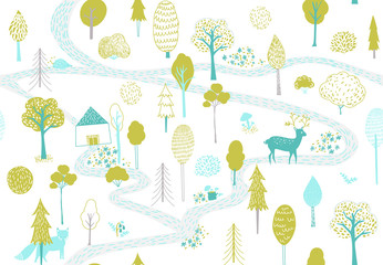 Motif de forêt avec cerf, renard et petite maison. Texture transparente avec de jolies illustrations dessinées à la main d& 39 arbres et d& 39 animaux.