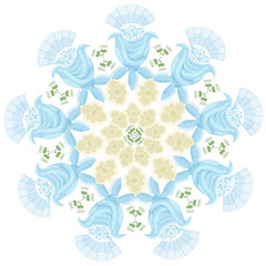 Ornament of blue graphic abstract flowers and buds