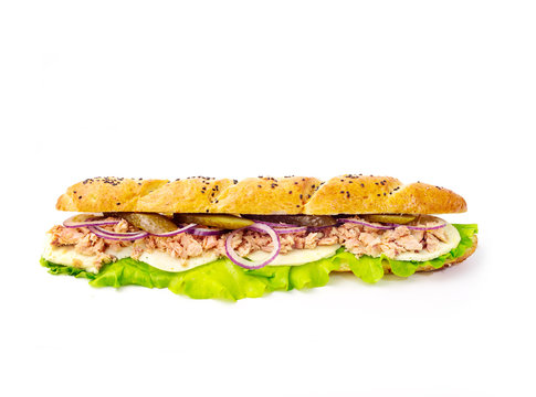long sandwich with tuna and onion on white background