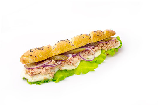 long sandwich with tuna and onion on white background 2