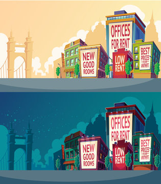 Set vector cartoon illustration of an urban landscape with buildings and a large billboard on the wall.