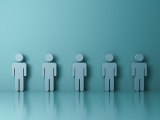 Group of people standing on green background with reflections and shadows . 3D rendering.