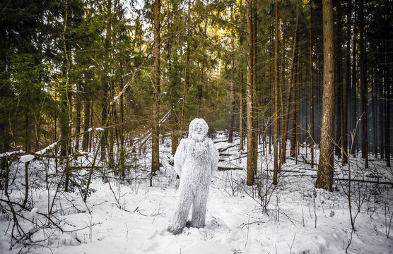Yeti fairy tale character in winter forest. Outdoor fantasy photo.