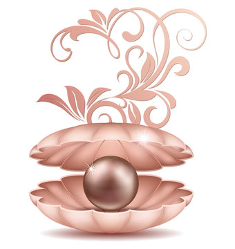 Sea Pearl in open shell. A large black and golden saltwater pearls in the shell with floral ornament illustration of a white background