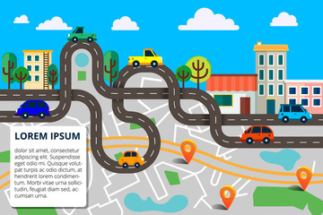 Colorful background with landscape, road and city map. Top view city map with cars and trees for web banners, info graphic and  brochure. Vector illustration