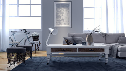 Modern interior design of living room 3D Render