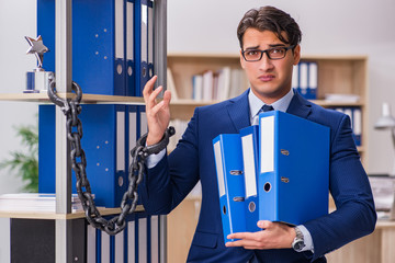 Young man standing next to the shelf with folders