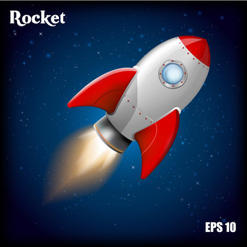 Rocket ship.Vector illustration with 3d flying rocket. Space travel to the moon. Space rocket launch. Project start up and development process. Innovation product,creative idea. Management.