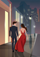 Couple man and woman walking in the night city
