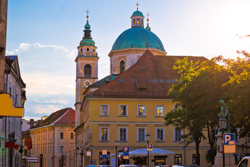 Naklejka premium Ljubljana church and square sunset view