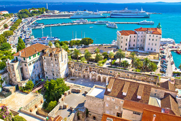Split harbor and waterfront aerial view