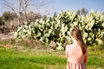 Young woman looking at cactuses bush back rear view.