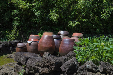 Traditional jars used for storing kimchi in folk museum Jeju