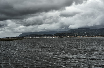 Harbor on a cloudy day on the Greek island of Lefkada.