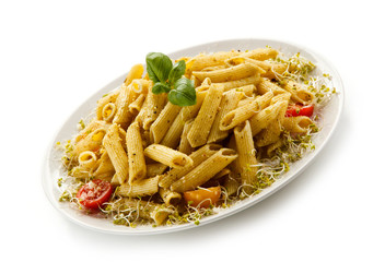 Penne, pesto sauce and vegetables 