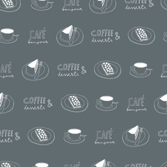 Coffee and cakes vector seamless pattern. Cafe doodle background