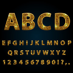 Golden sparkle  glitter, rhinestone alphabet letters numbers and signs currency © nikelser