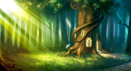 digitally painted magic forest with tree house - obrazy, fototapety, plakaty