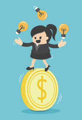 Concept business woman play acrobatic bulbs on money
