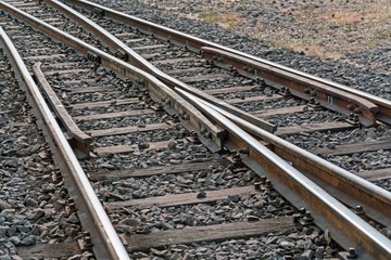 Railway junction perspective of crossing rails  - train tracks 
