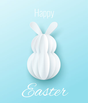 Vector Happy Easter Greeting Card with Paper Easter Rabbit Bunny on Blue Background