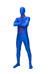 Mysterious blue man in morphsuit with a red tie around her neck