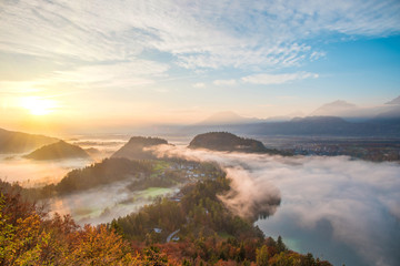 The charming landscape with fog in the valley in the mountains near Lake Bled in Slovenia, Europe