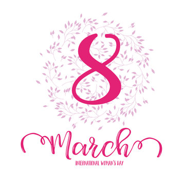  8 march womens day greeting card with lettering typography text sign, big sketch eight isolated on white background