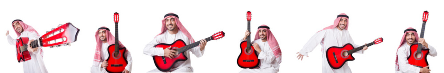 Arab man playing guitar isolated on white