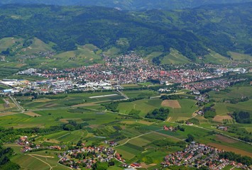 aerial view across farmland towards the Black Forest,  near Oberkirch in the Renchtal region of...