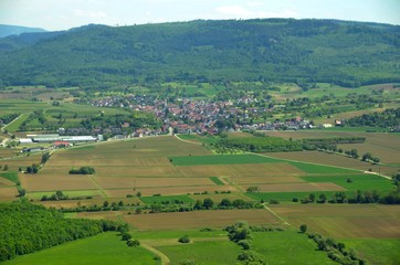 Fototapeta na wymiar aerial view across farmland towards the Black Forest, near Oberschopfheim in the Ortenau region of Baden Germany