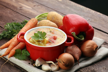 Barley and vegetable thick healthy soup. Krupnik thick Polish soup made from vegetable or broth, containing potatoes and barley groats