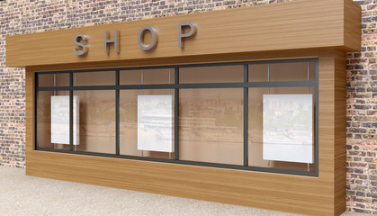 Blank mock up of store street showcase window in a city. 3D rendering