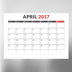Calendar Template for April 2017. Week Starts Monday. Design Print Template. Vector Illustration Isolated