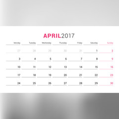 Calendar Template for April 2017. Week Starts Monday. Design Print Template. Vector Illustration Isolated