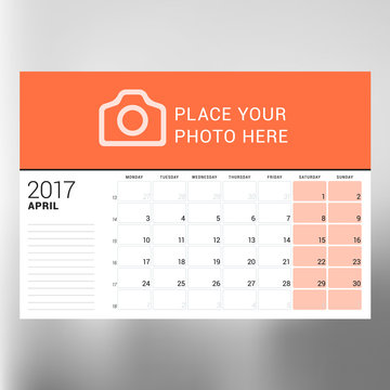 Calendar Template for April 2017. Week Starts Monday. Design Print Template. Vector Illustration Isolated