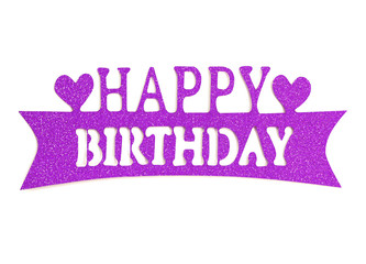 Happy birthday hand lettering with violet glitter effect, isolated on white background.