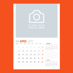 Calendar Template for April 2017. Week Starts Monday. Design Print Template. Vector Illustration Isolated