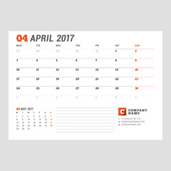 Calendar Template for April 2017. Week Starts Monday. Design Print Template. Vector Illustration Isolated