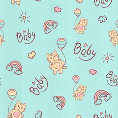 Fototapeten Vector seamless cartoon pattern. Little kitten with balloons, clouds, sun and rainbow. Gentle turquoise background for kids. Caption baby and heart. © Marina Tab
