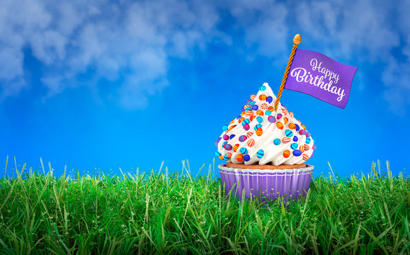 3D Rendering of Cupcake, Easter Theme, Happy Birthday Text on Purple Flag