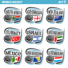 Vector set Flags of European Countries with Ice Hockey Puck: Logo national ice hockey Teams, Sport group countries of Europe, icons european flag, IIHF world team with puck, logo sport flags of europe