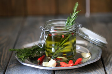 Olive oil with rosemary, garlic and chili pepper