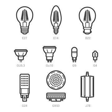 LED light lamp bulbs vector outline icon set on white background