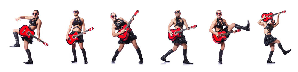 Man in woman clothing with guitar