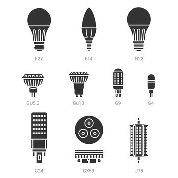 LED light lamp bulbs vector silhouette icon set on white background