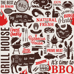 Typographic vector barbecue seamless pattern or background - obrazy, fototapety, plakaty